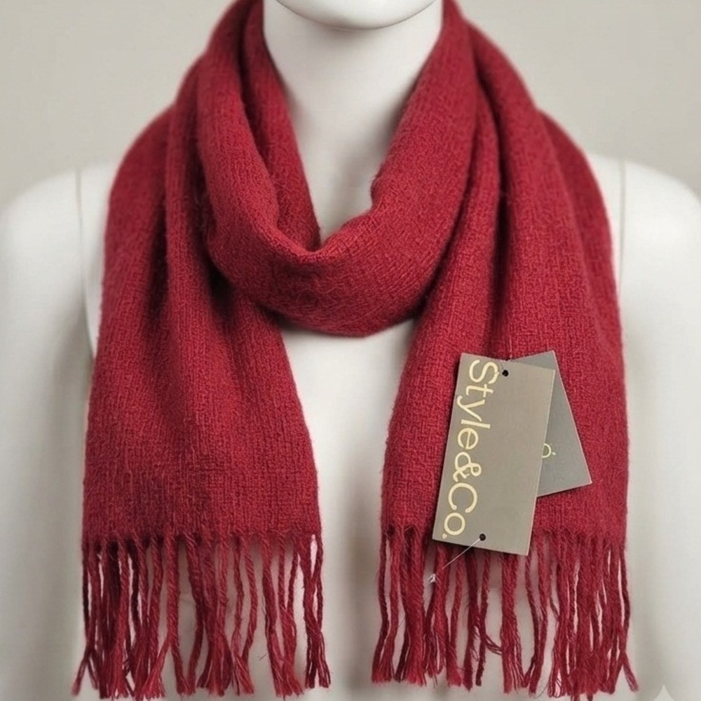 Style & Co Red Convertible Wrap Scarf Basketweave Texture Fringe  NWT